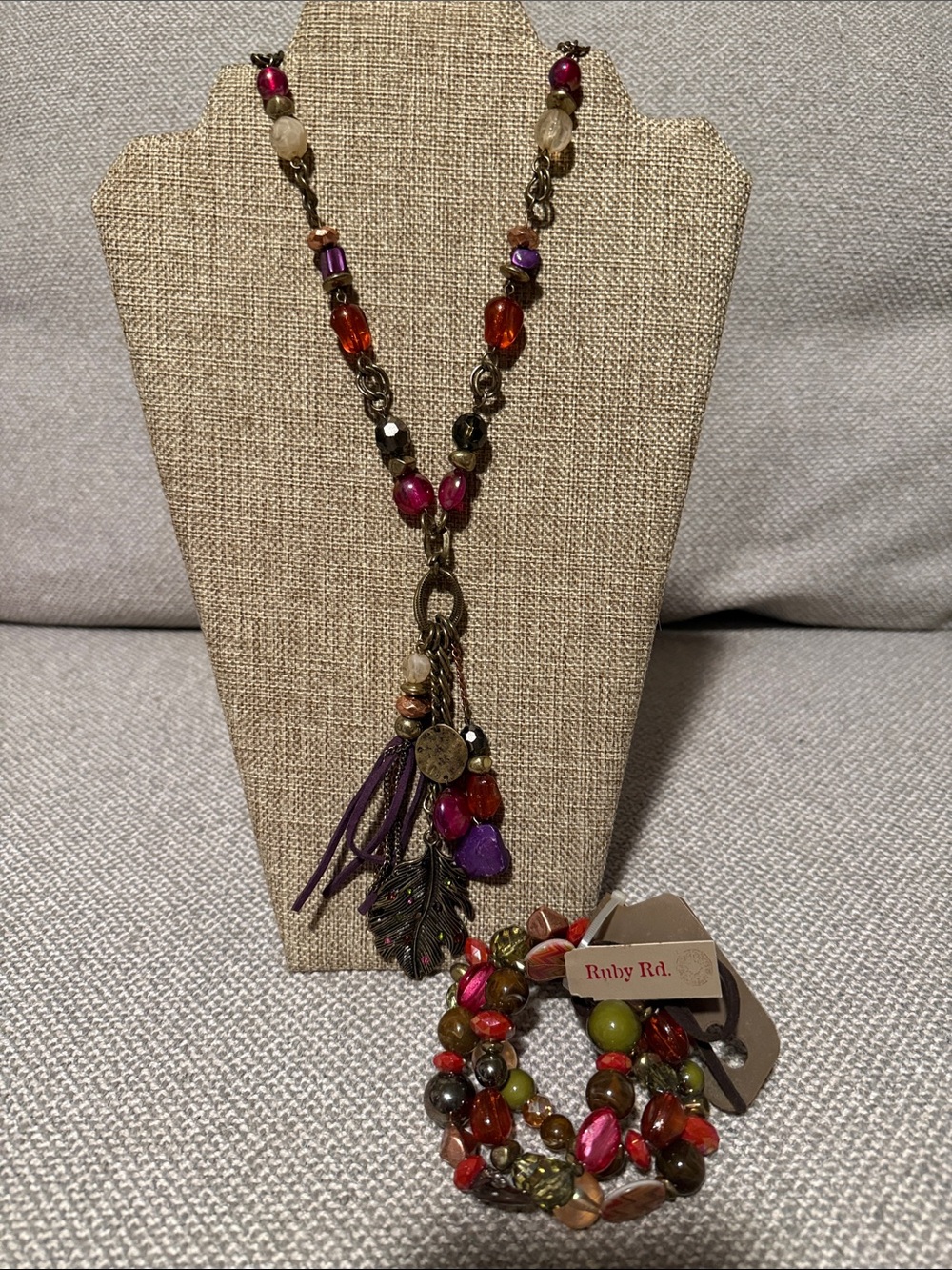 Ruby Rd. Multicolor Beaded Tassel Necklace and bracelet with Leaf Charm